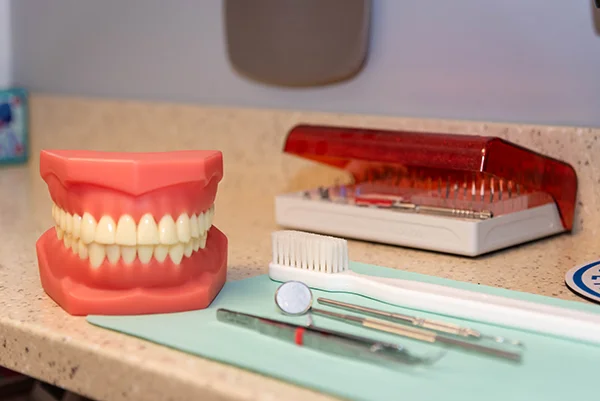 the countertop with teeth example, toothbrush and dental tools